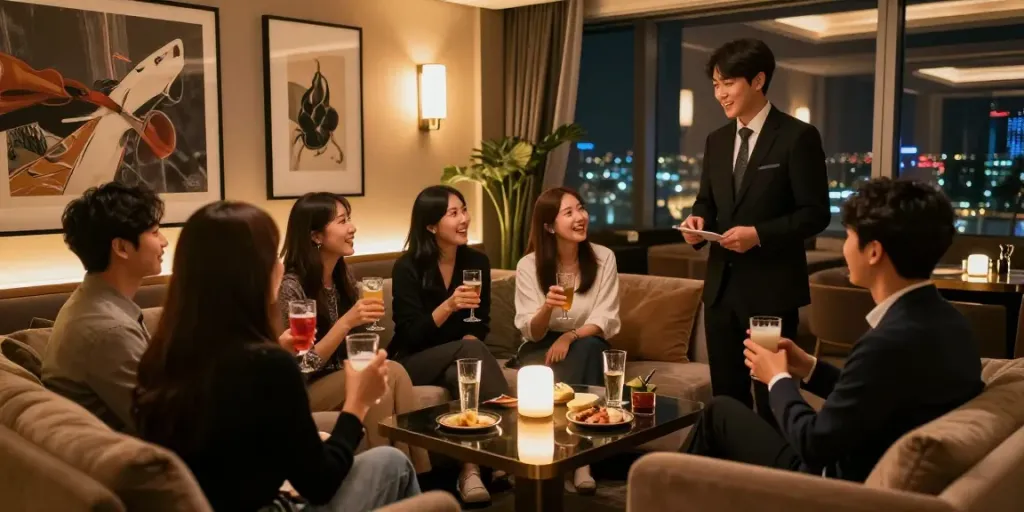 강남구구단의 고급스럽고 아늑한 독립 룸에서 친구들과 함께 즐거운 시간을 보내는 모습