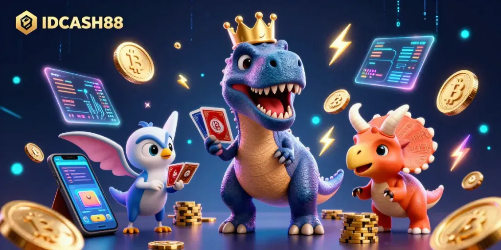 Engage with IDCASH88's vibrant 3D casino atmosphere featuring fun characters and crypto elements.