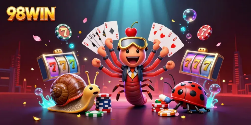 Experience the excitement of 98WIN with a vibrant 3D casino scene showcasing lively characters and dynamic gaming elements.