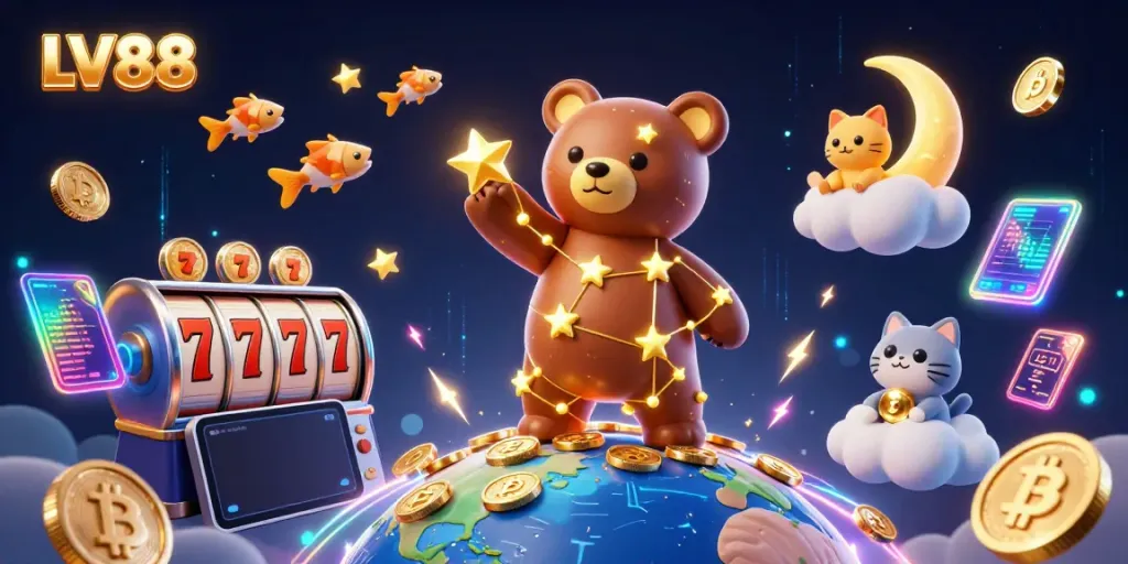 Experience LV88's gaming universe with a vibrant 3D illustration showcasing a constellation bear and exciting casino elements.