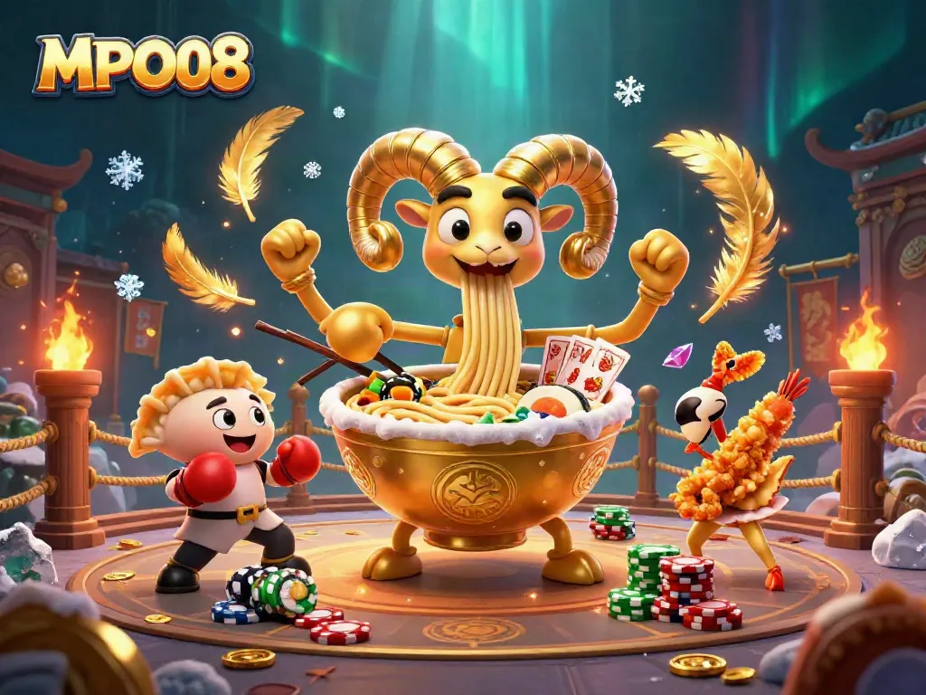 MPO08 features a vibrant 3D illustration with a giant ramen bowl character stacking chips in a lively casino setting.