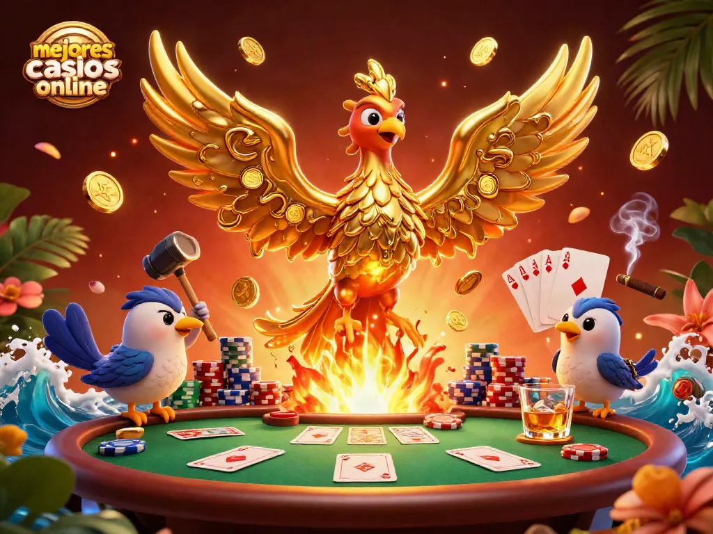 Descubre los mejores casinos online mientras juegas a póker en una vibrante ilustración 3D.