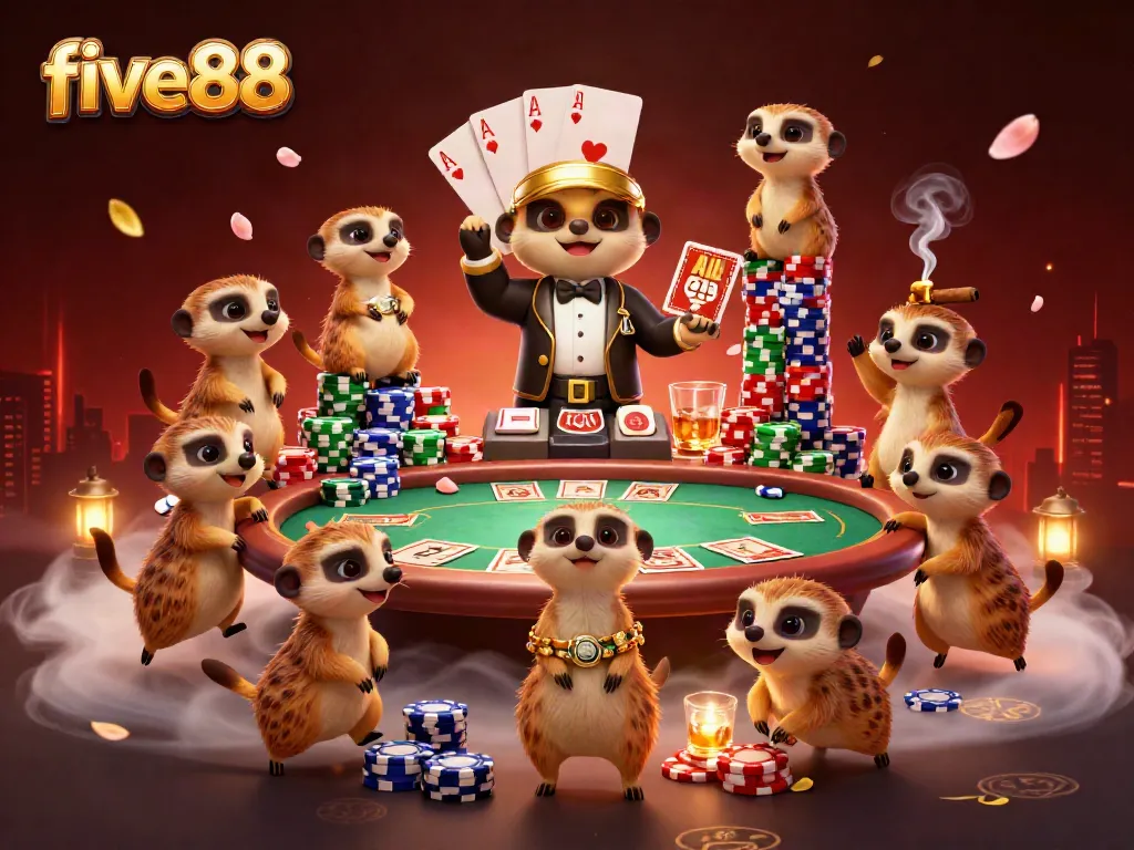 Experience thrilling action in five88's vibrant casino with meerkats managing a lively gaming scene.
