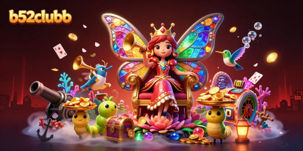 B52clubb casino illustration featuring a colorful butterfly queen and vibrant game elements for engaging gambling experience.