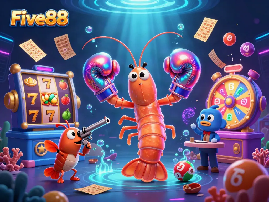 Experience the excitement of Five88 with a vibrant scene of casino elements, animated characters, and dynamic game features.