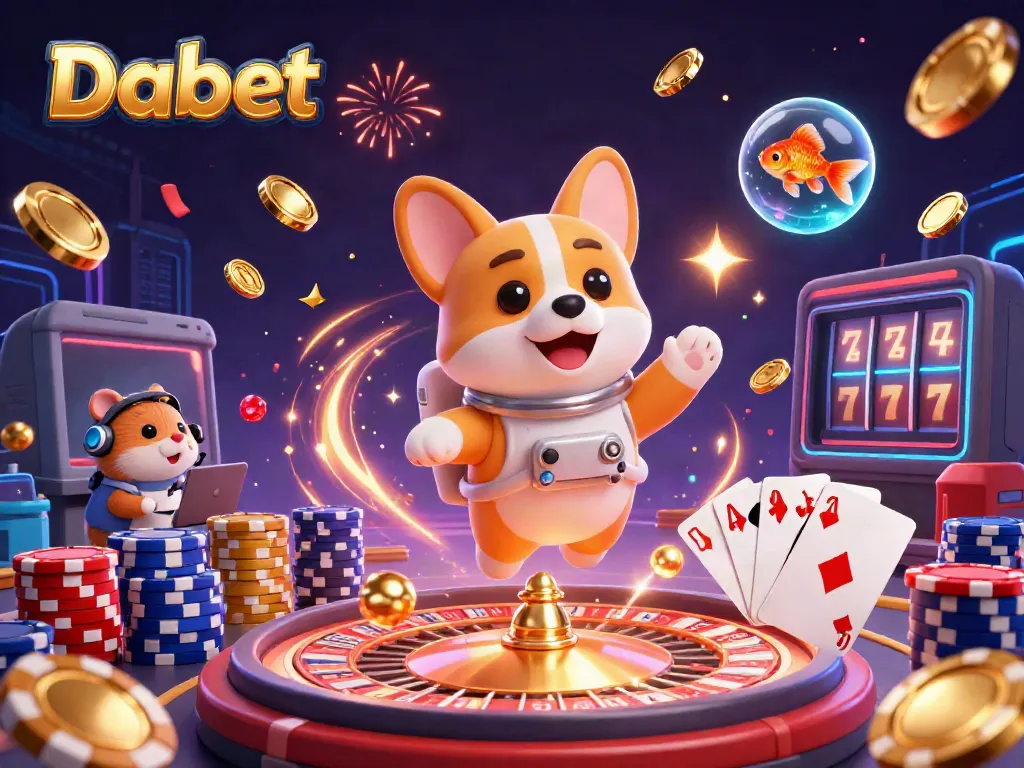 Dabet offers an engaging and interactive gambling experience with vibrant animations and game elements featuring a corgi and friends.