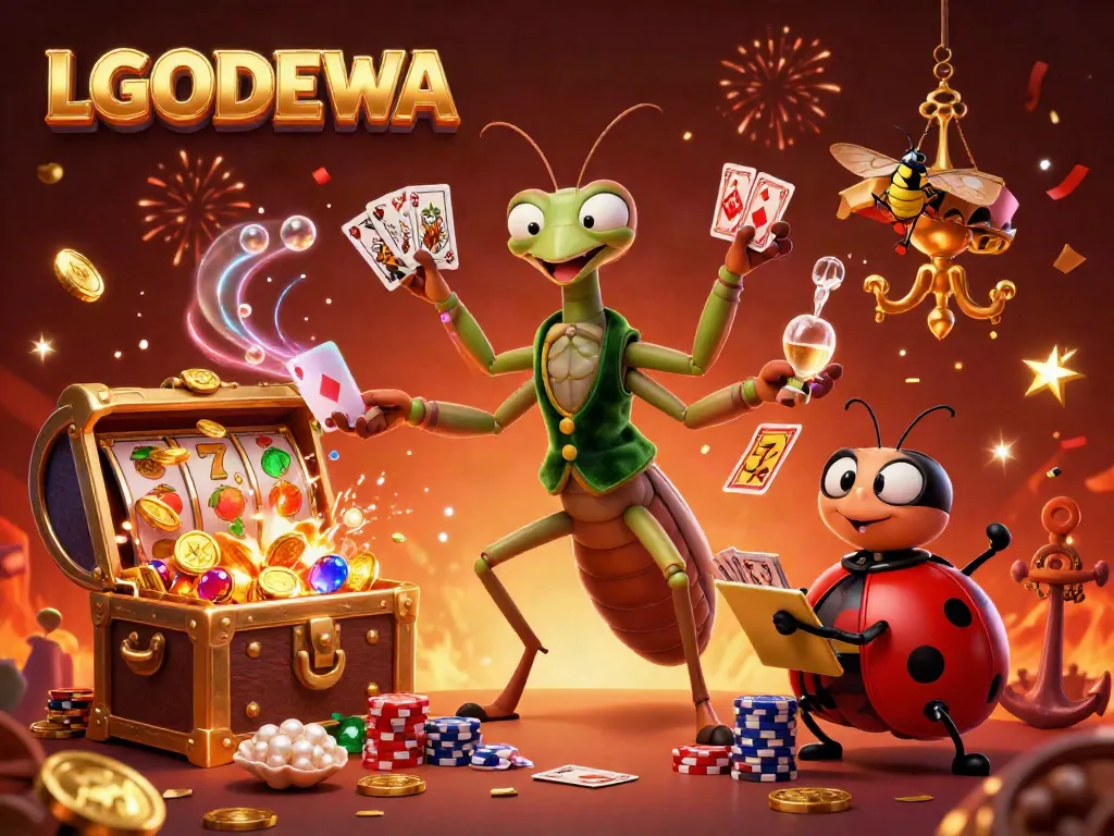 Engage with LGODEWA's vibrant casino scene featuring a card sharp, pit boss, and floating slot elements.