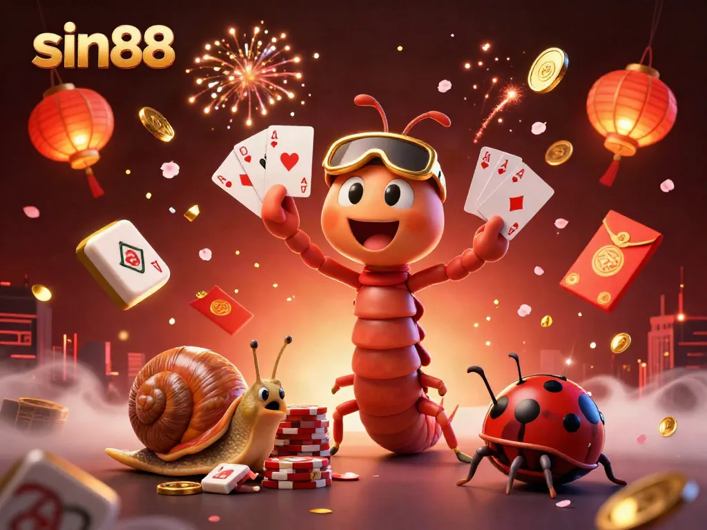 Engage with sin88 at this vibrant casino scene featuring a cartoon millipede dealer and high-roller characters surrounded by dynamic gambling elements.