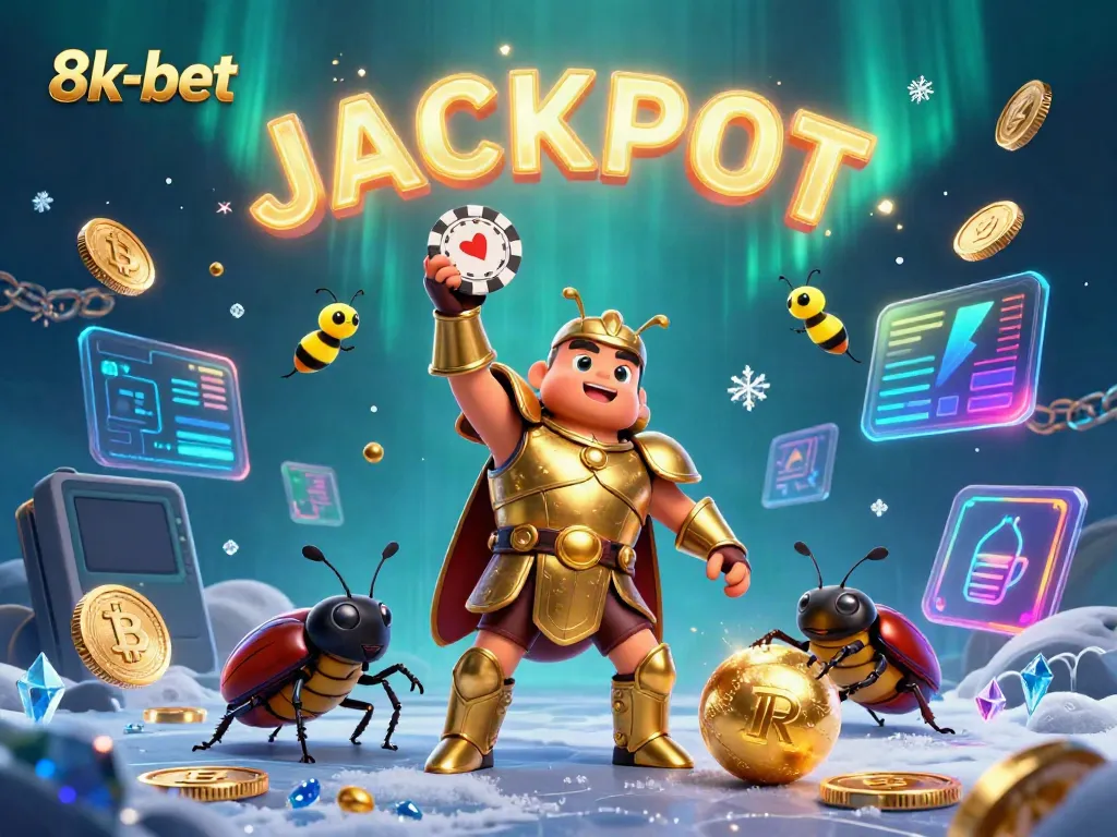 Experience the lively world of 8k-bet with beetles celebrating a jackpot amid shiny coins and vibrant digital elements.