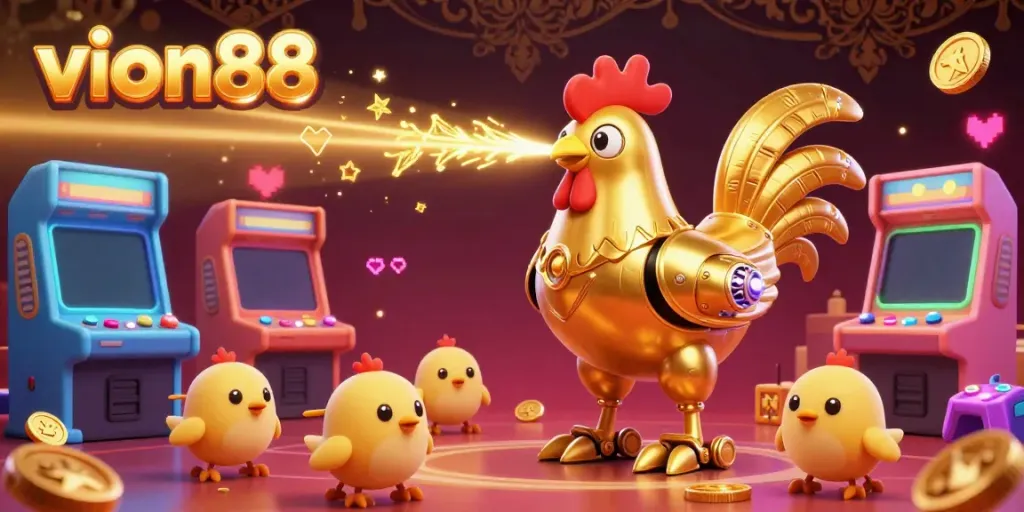 Engage with vion88's immersive slots experience featuring a robotic rooster and dynamic casino elements.