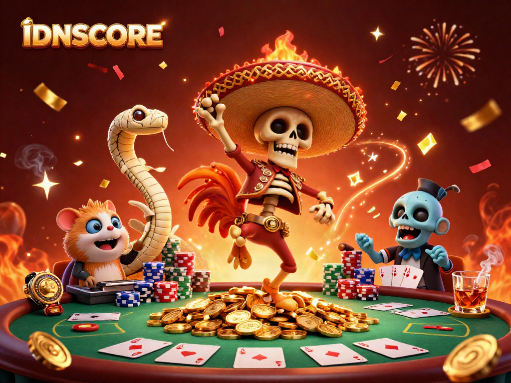 Engage in winning strategies with IDNSCORE featuring vibrant casino characters and festive energy.