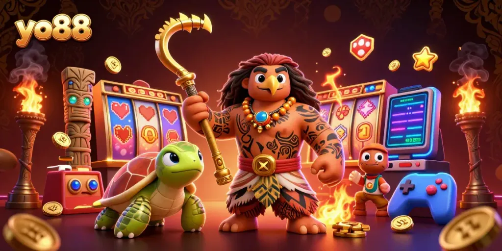 Engage in thrilling gameplay with yo88 featuring 3D characters, slot machines, and vibrant casino elements.