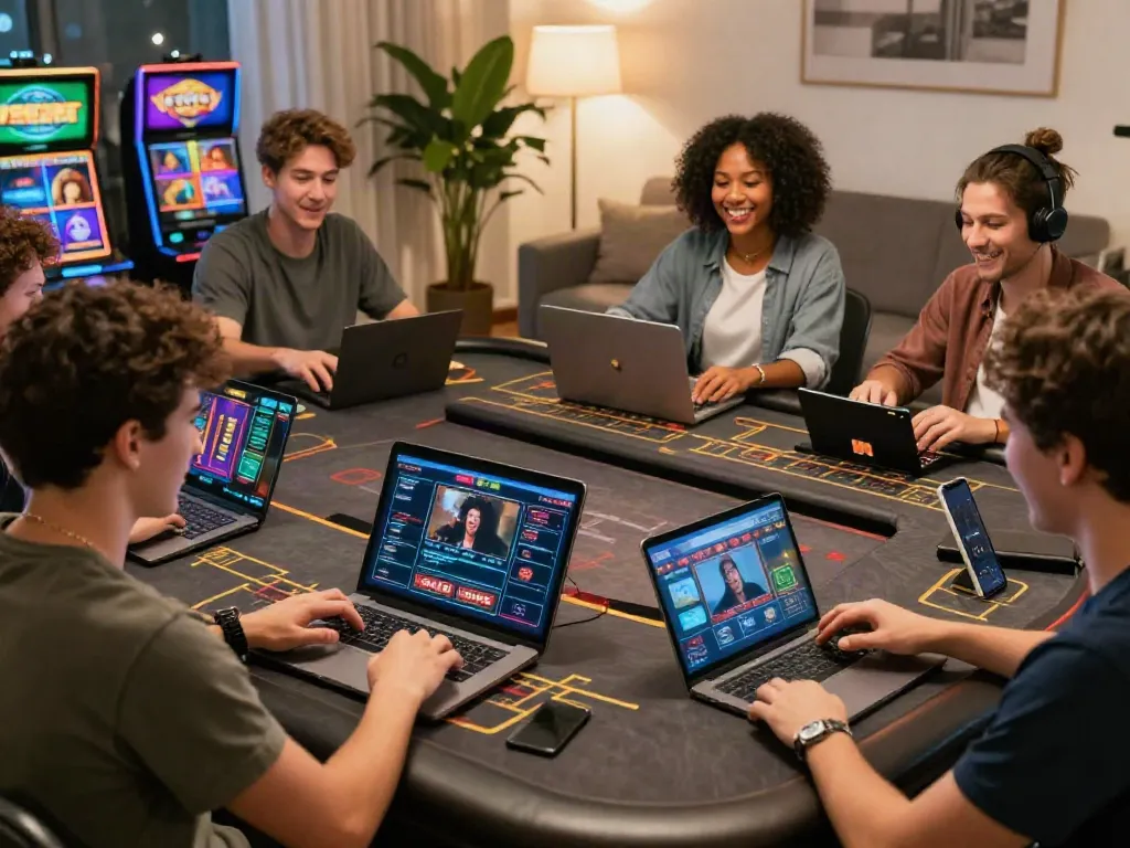 Players enjoying diverse games on https://five88bet.org/ in a lively home setting.