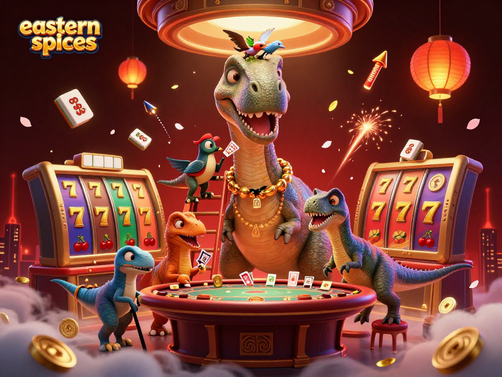 Play exciting casino games like slots with the delightful brontosaurus and clever raptor at easternspices, creating a vibrant gaming scene.