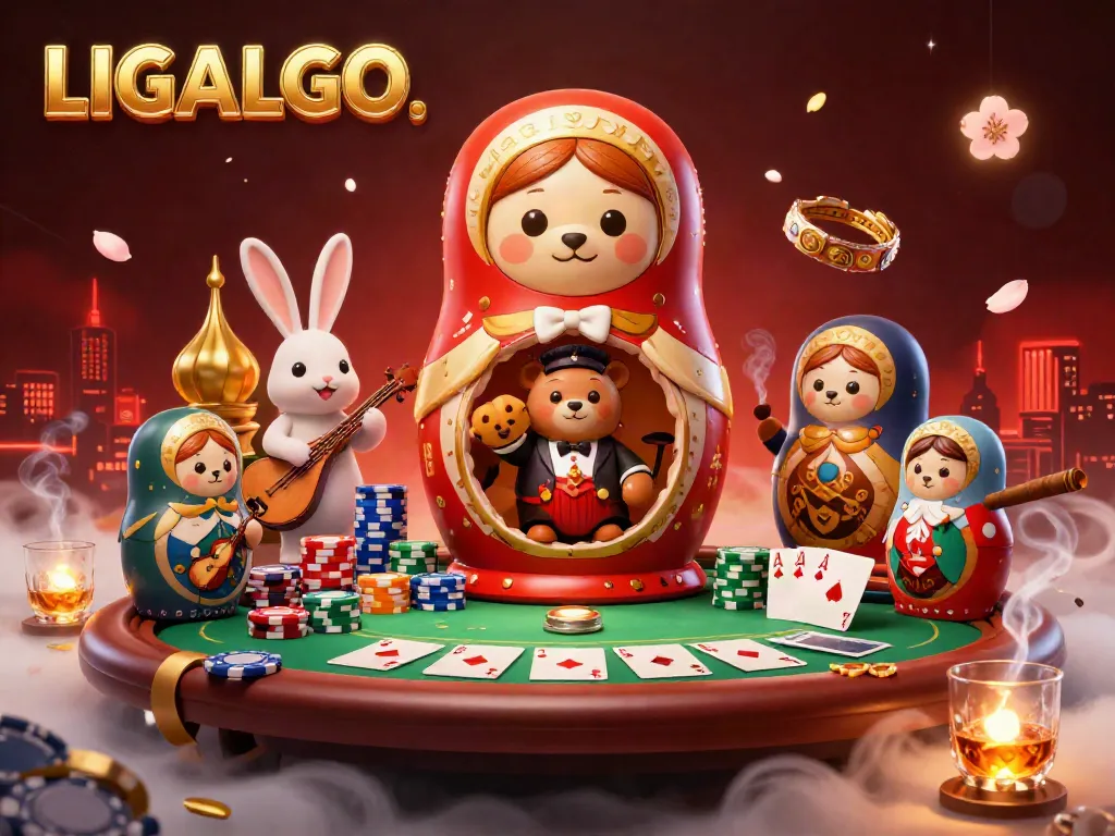 LIGALGO showcases a vibrant casino scene with Matryoshka bears and colorful poker elements.