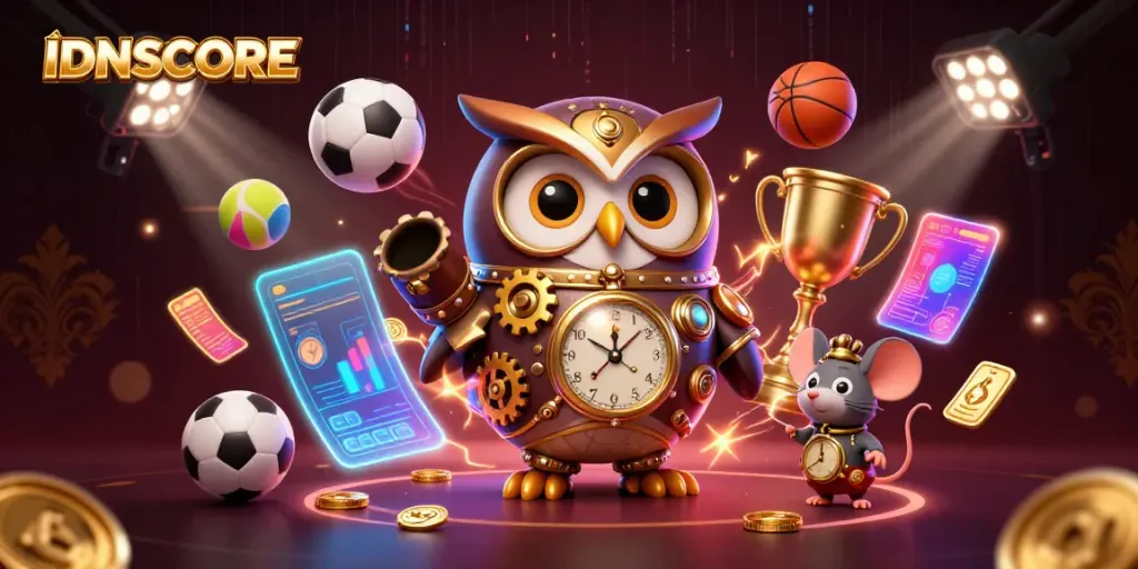 Experience thrilling gaming action with IDNSCORE, featuring vibrant casino elements and dynamic sports motifs.