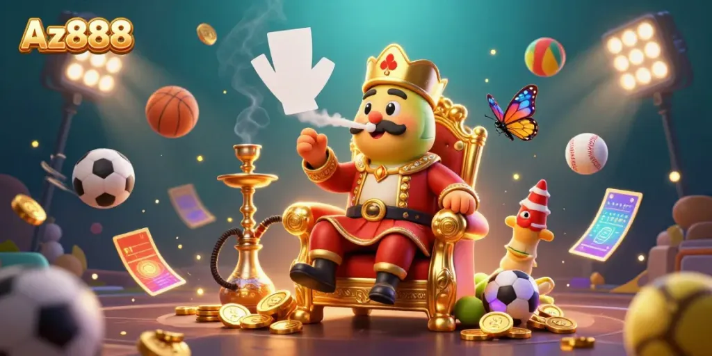 Experience the magic of Az888 with vibrant 3D illustrations highlighting dynamic gambling elements and games.