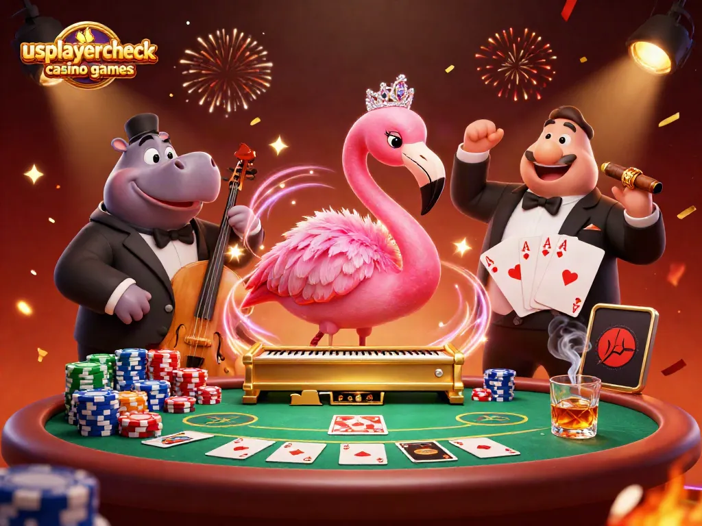 Experience the thrill of usplayercheck casino games with a vibrant 3D illustration of a flamingo lounge singer and a hippo bassist.