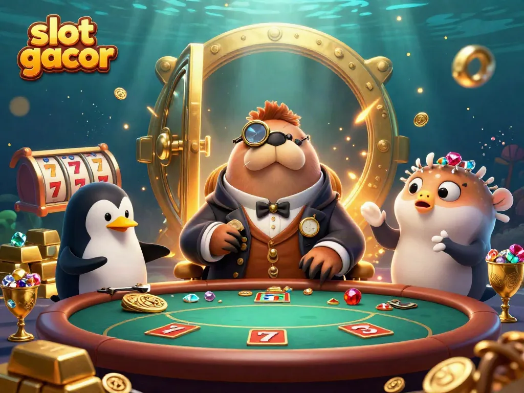 Experience exciting potential in slot gacor games with our playful underwater casino scene featuring a jolly walrus and friends.