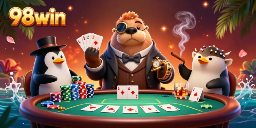 Experience intense poker action at 98win with a walrus, penguin dealer, and a bluffing pufferfish.