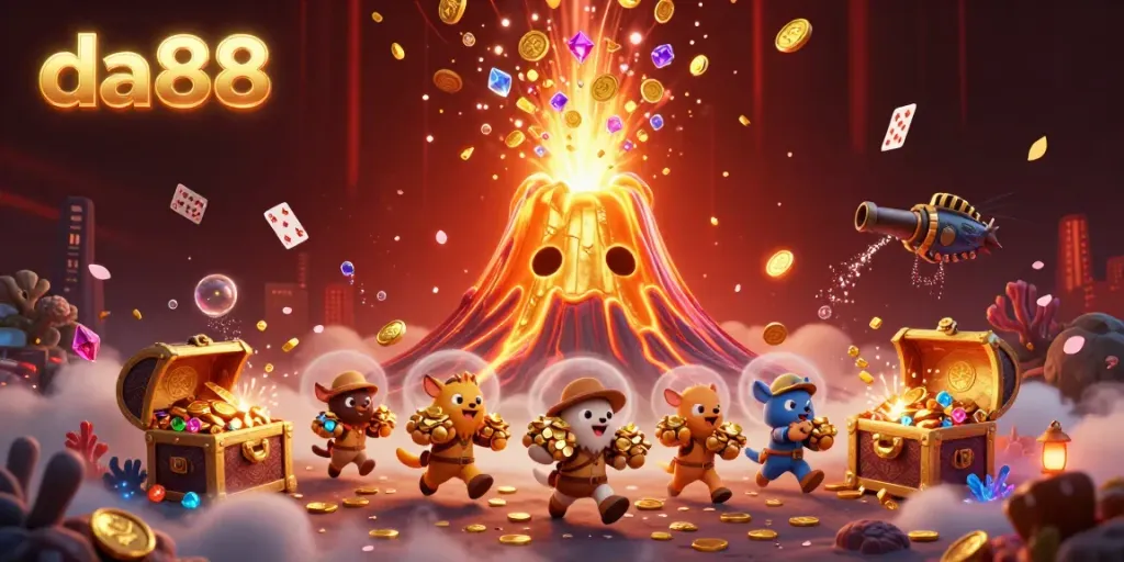 Experience the thrill of da88's casino world with games and treasures in a vibrant illustration.