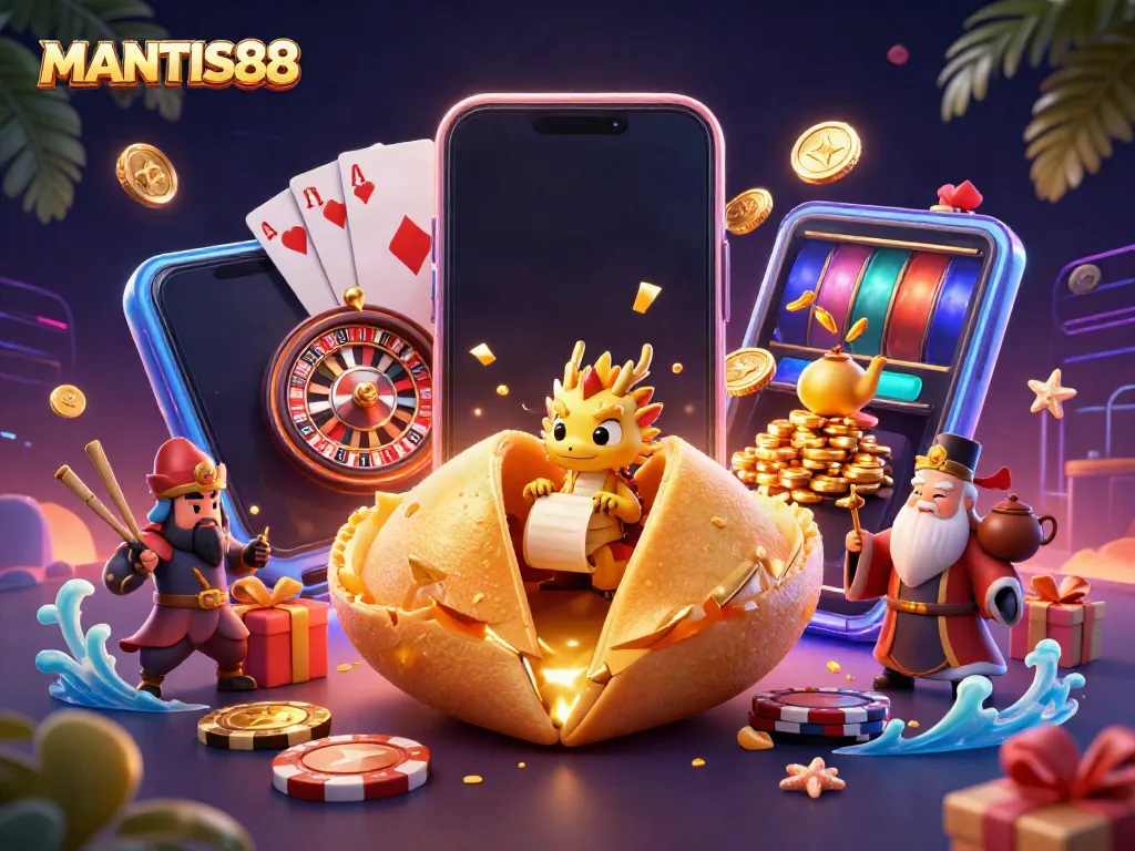 MANTIS88 captures thrilling casino gameplay with a vibrant scene of a golden fortune cookie and gaming elements.
