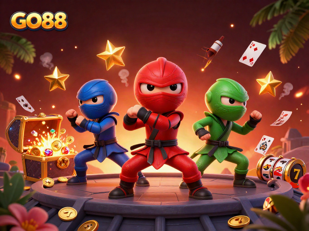 Engage with GO88's vibrant 3D illustration packed with action and casino elements.