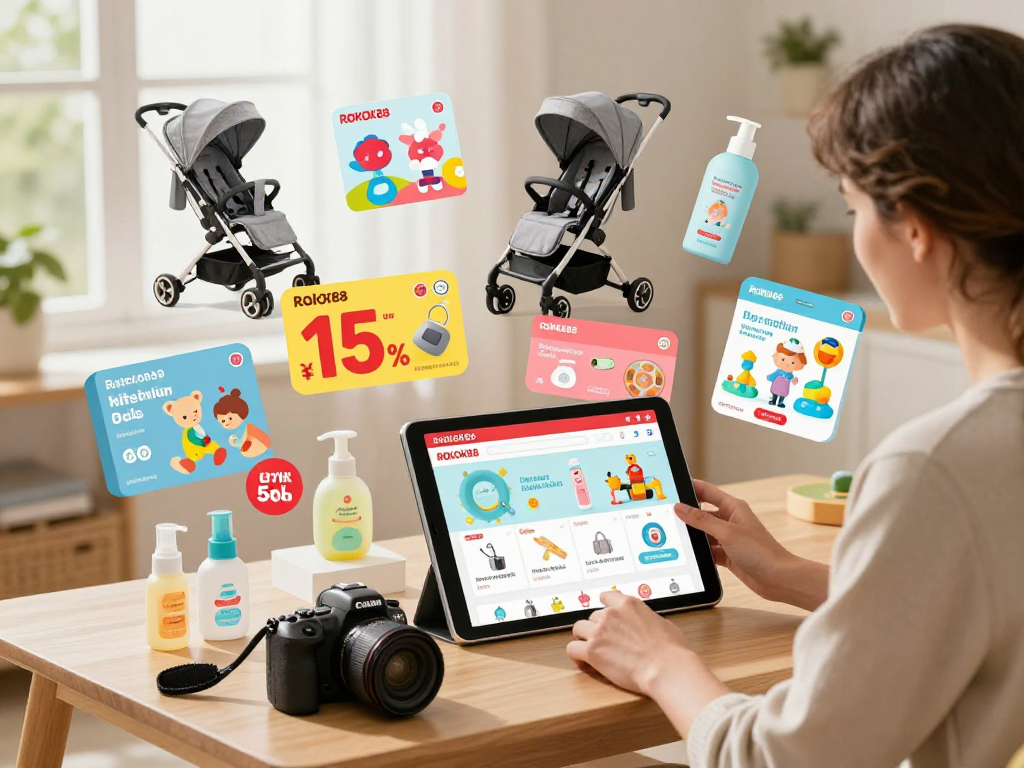 rokok 88 online shopping scene featuring vibrant baby products and joyful parent browsing