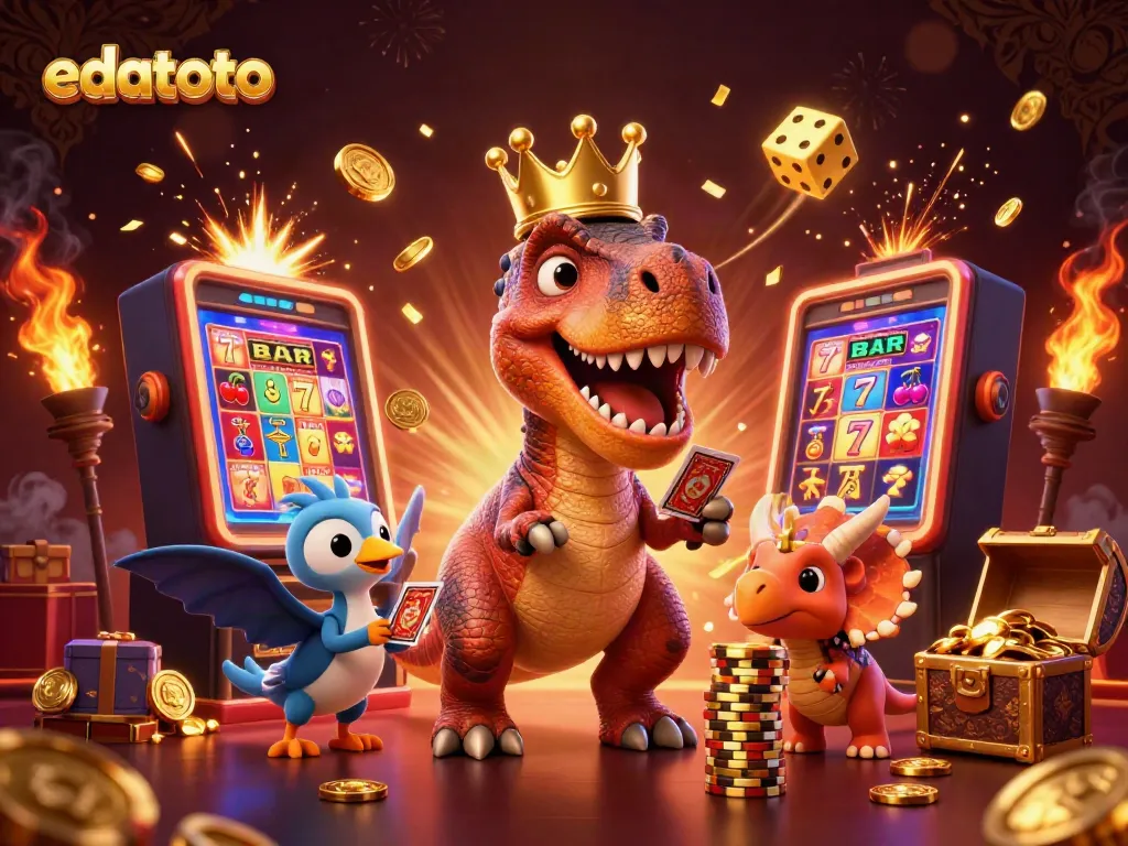 Experience thrill with edatoto in a vibrant 3D casino scene featuring a charming dinosaur ensemble and winning symbols.