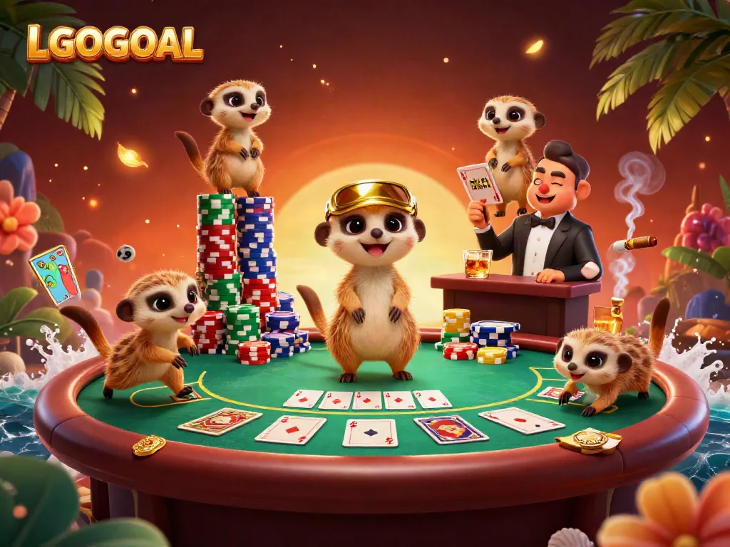 Engage with the vibrant LGOGOAL casino scene featuring playful meerkats managing games and chips.