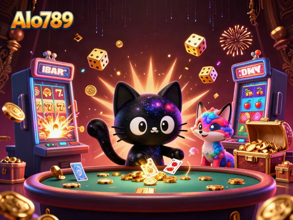 Experience the excitement of Alo789 with a cosmic casino scene featuring a black hole cat and colorful fox, playing for fortune.