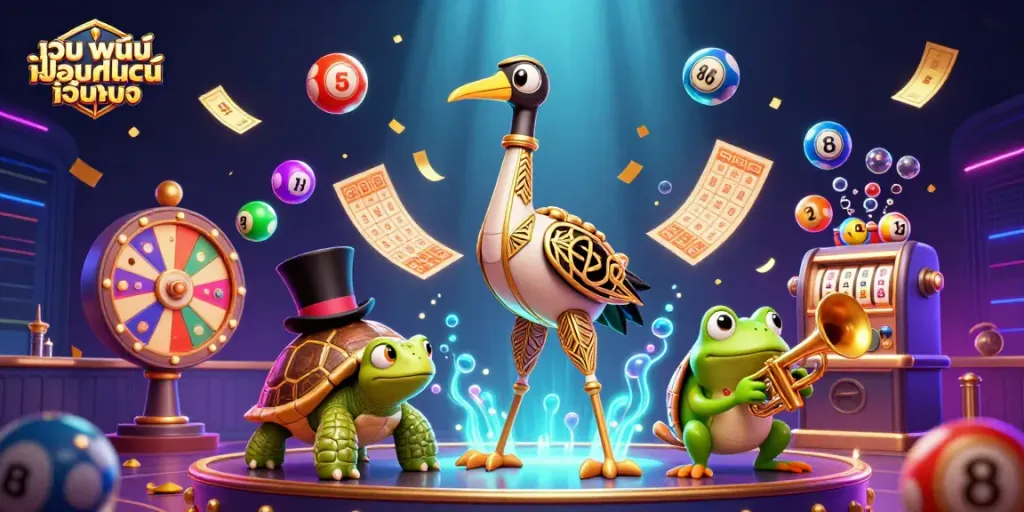 ภาพการ์ตูน 3D ที่แสดงถึงเว็บพนันออนไลน์ เว็บตรง ที่มีสีสันสดใสและบรรยากาศคาสิโน
