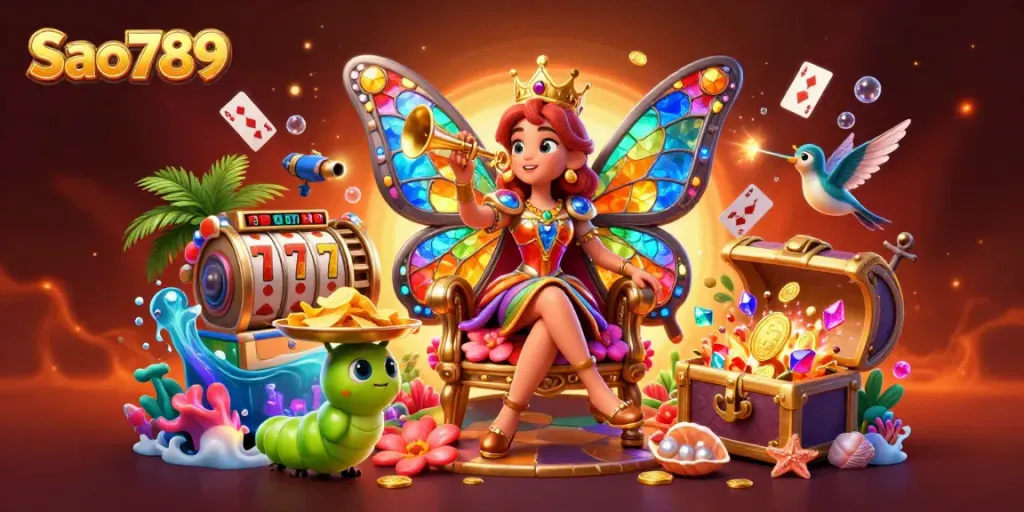 Sao789 brings excitement with a vibrant casino-themed 3D illustration featuring a butterfly queen, slot elements, and treasure.