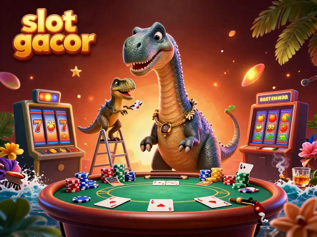 Experience slot gacor excitement with a vibrant casino scene featuring a dinosaur and a clever raptor.