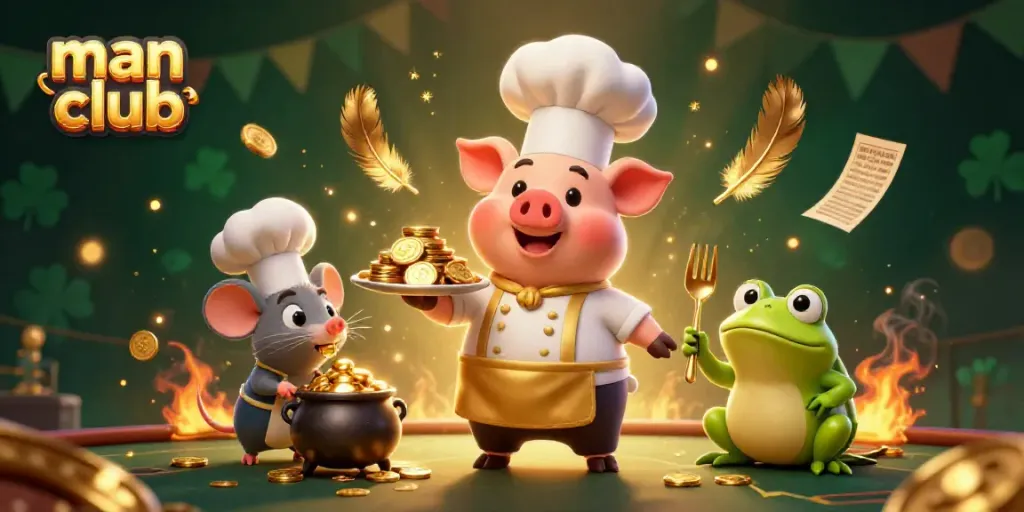 Join the excitement at the man club with a pig chef serving gold coins amidst vibrant casino elements.