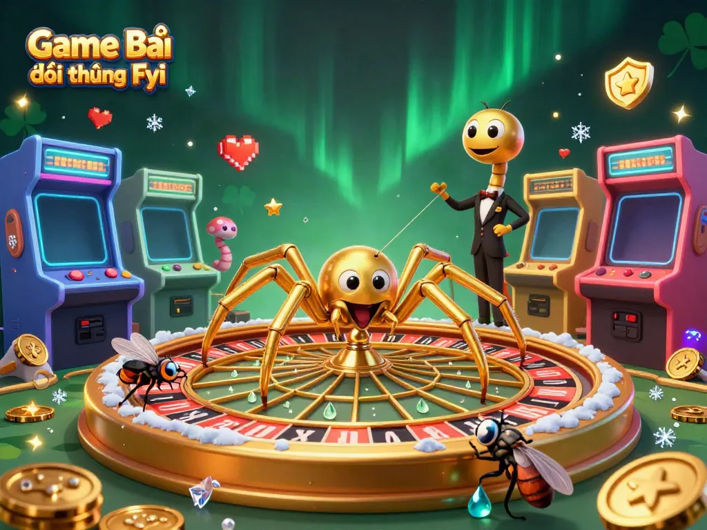Game Bài Đổi Thưởng Fyi showcases a golden spider and vibrant gaming elements in a dazzling casino scene.