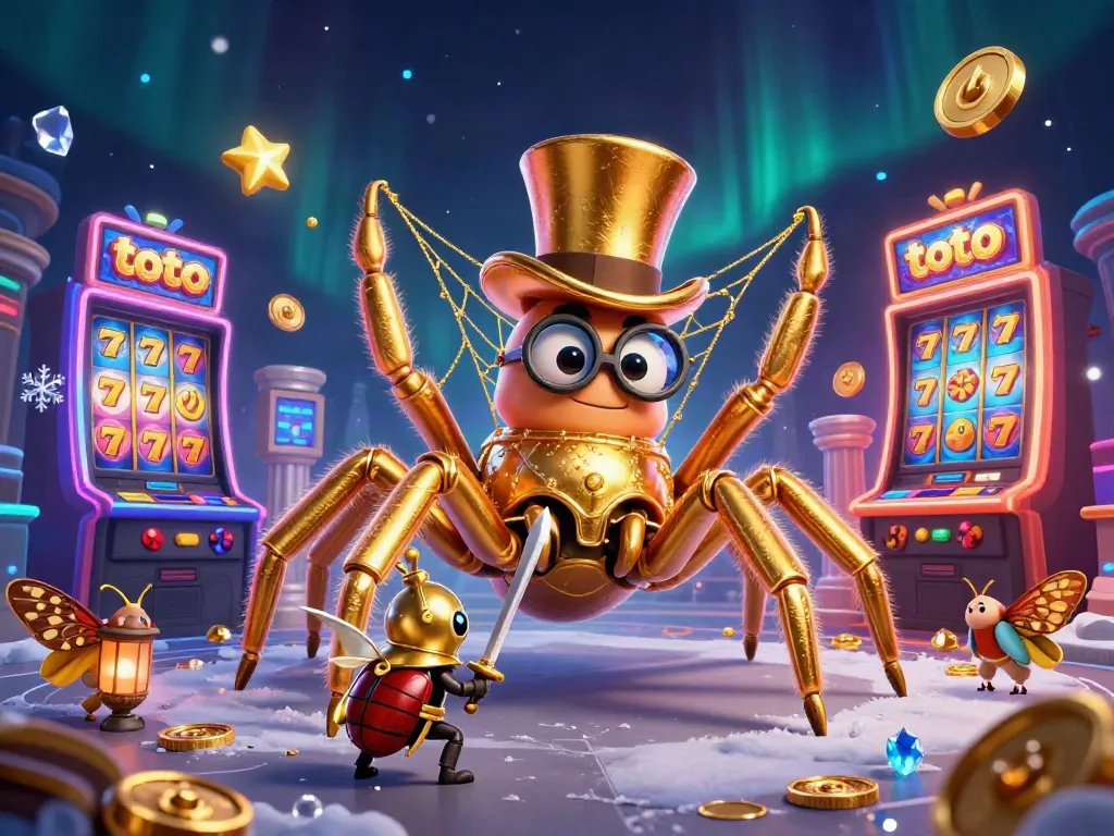 Engage with the fun of toto slots as a golden tarantula weaves excitement in a dynamic casino scene.
