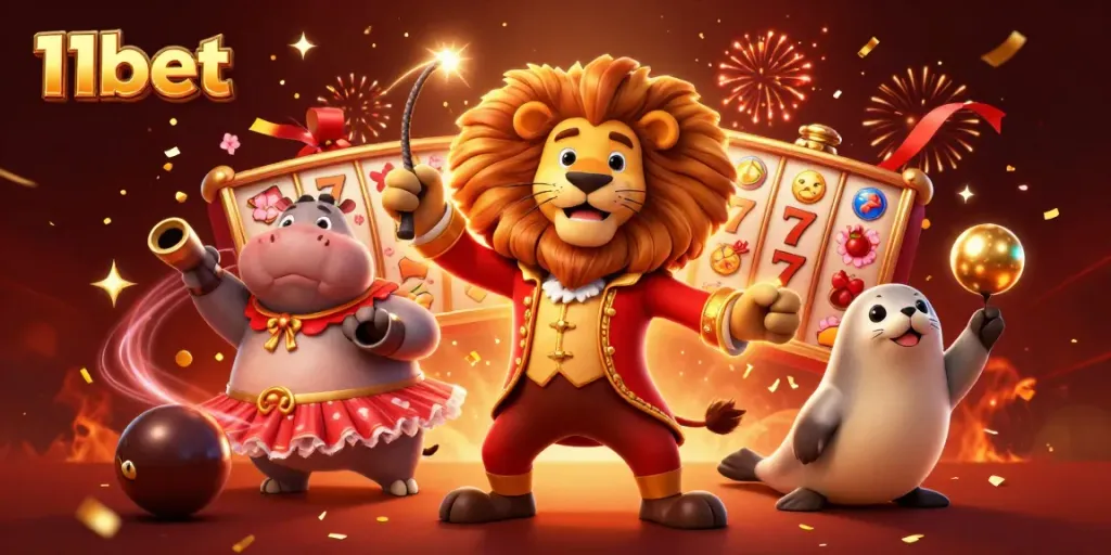 Play 11bet's engaging slot games with colorful characters in a vibrant casino setting.