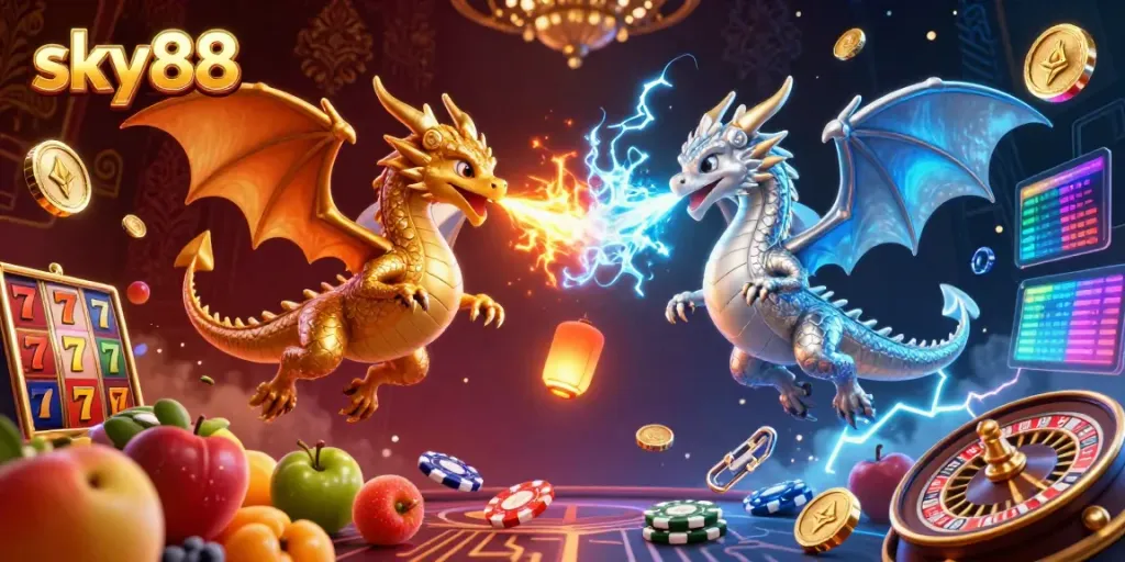 Experience thrilling gaming with sky88, featuring twin dragons and dynamic casino elements in a vibrant 3D illustration.