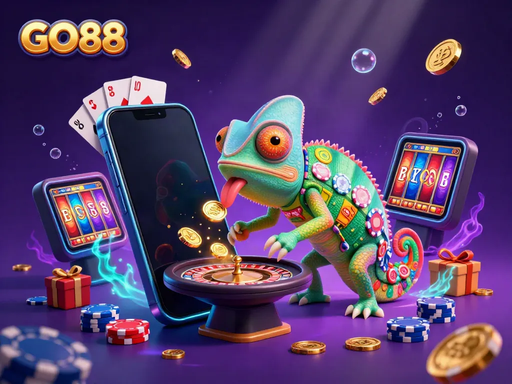 Experience the vibrant excitement of GO88 with a chameleon casino owner and dynamic game elements.