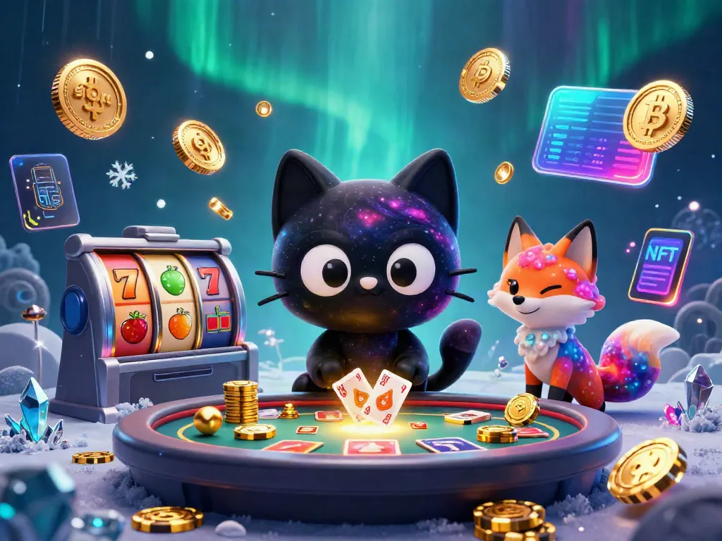 A cosmic slot gaming scene with a black hole cat and nebula fox pulling in golden chips and cards.