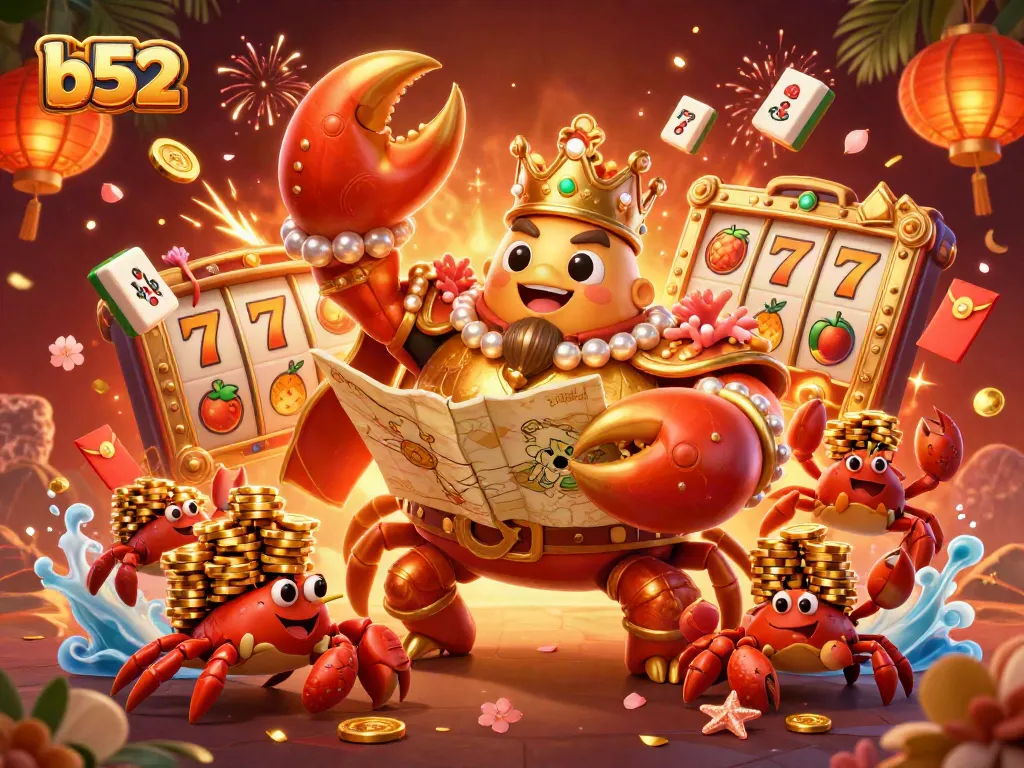 Engage with the vibrant b52 casino world featuring a golden crab emperor and dynamic slot game elements.
