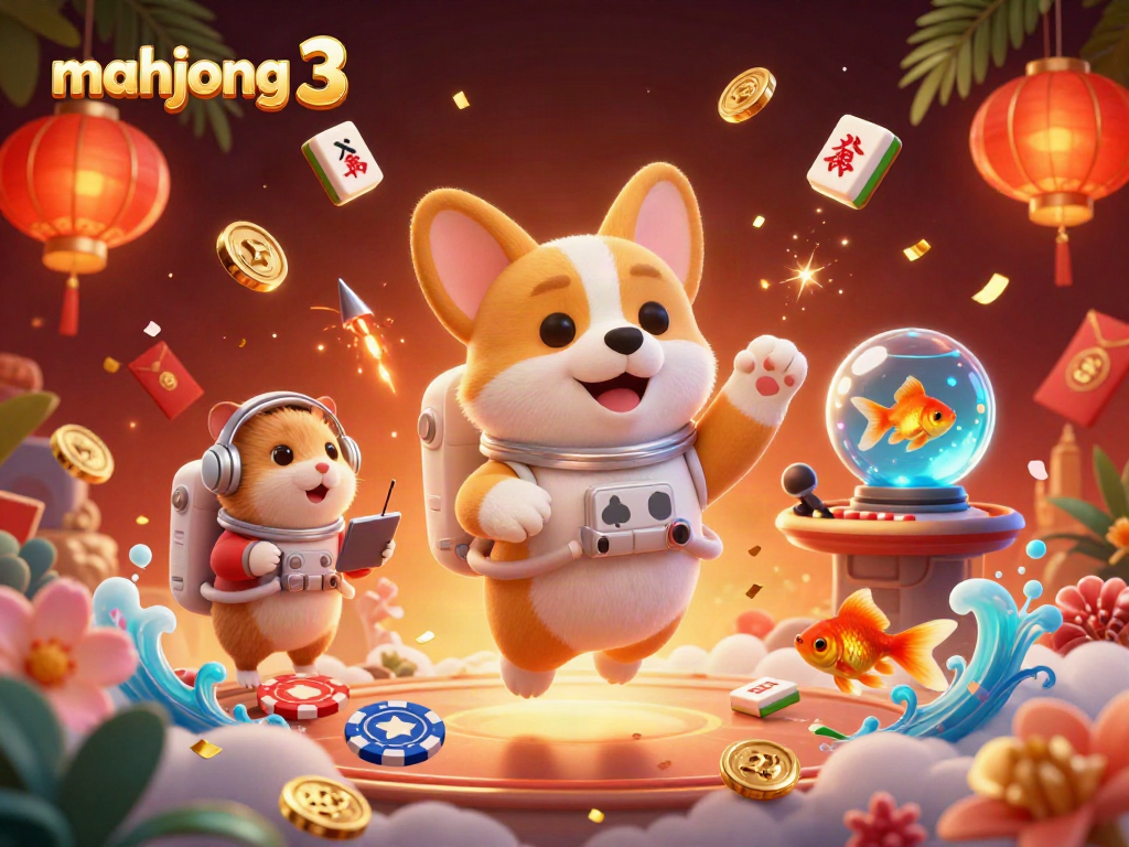 Experience mahjong 3 in a vibrant space casino scene with floating tiles and animated characters.
