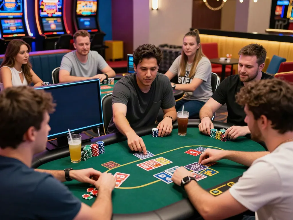 Exciting scene of diverse players enjoying SV88 games in a modern casino atmosphere.