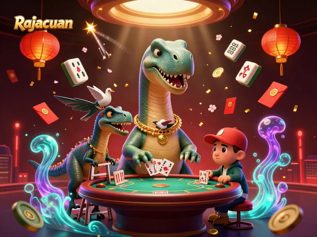 Experience exciting Rajacuan gaming with a whimsical scene featuring a brontosaurus, raptor, and floating mahjong tiles.