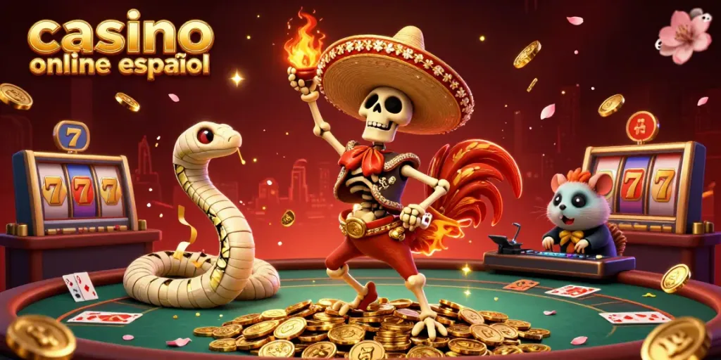 Disfruta de la emoción en el casino online español mientras los personajes celebran sobre una montaña de monedas doradas.