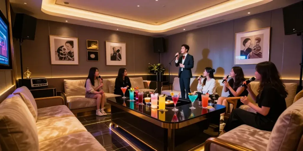 강남 세이렌에서 고급스러운 분위기 속에서 즐거운 노래와 칵테일을 즐기는 모습