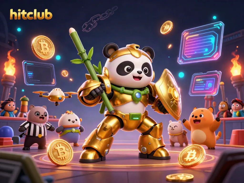 Experience the excitement with hitclub's thrilling 3D casino action featuring a golden panda mech-bot in vivid detail.