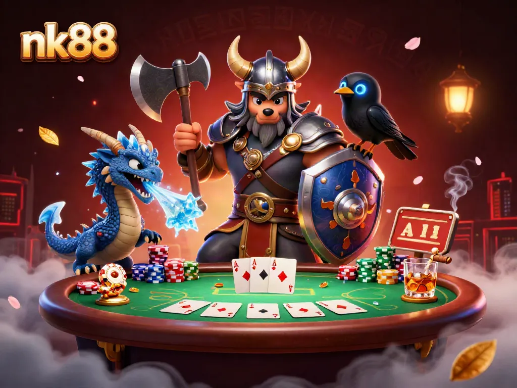Engage in thrilling games at nk88 featuring a Viking warrior and a dragon at a poker table.