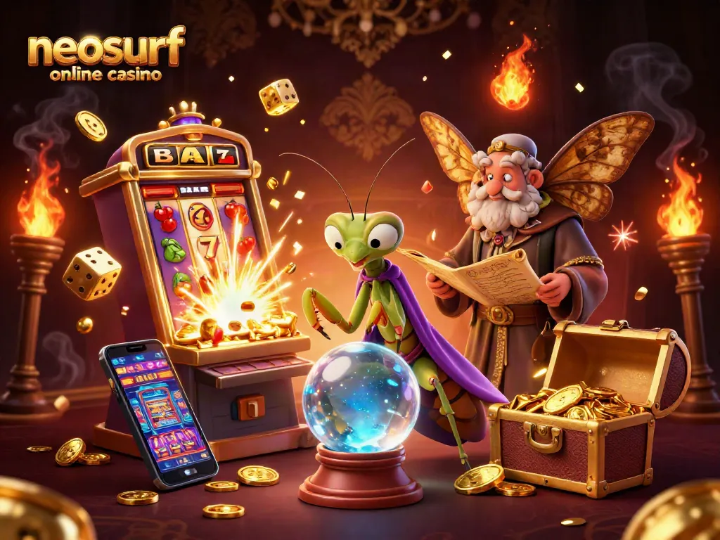 Experience gaming excitement with Neosurf online casino in a vibrant scene filled with jackpots and colorful characters.